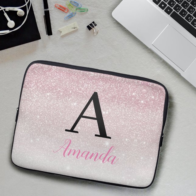  Cute Girly Pink Monogram Add Your Name + Initial Laptop Sleeve (Creator Uploaded)