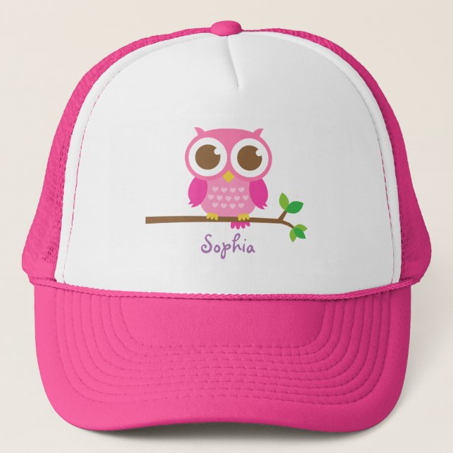 Cute Girly Pink Owl For Girls Trucker Hat (Front)