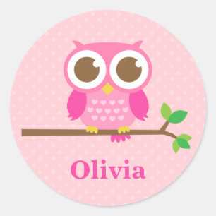 Cute Girly Pink Owl on Branch For Girls Classic Round Sticker