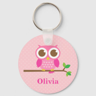 Cute Girly Pink Owl on Branch For Girls Key Ring
