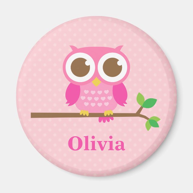 Cute Girly Pink Owl on Branch For Girls Magnet (Front)