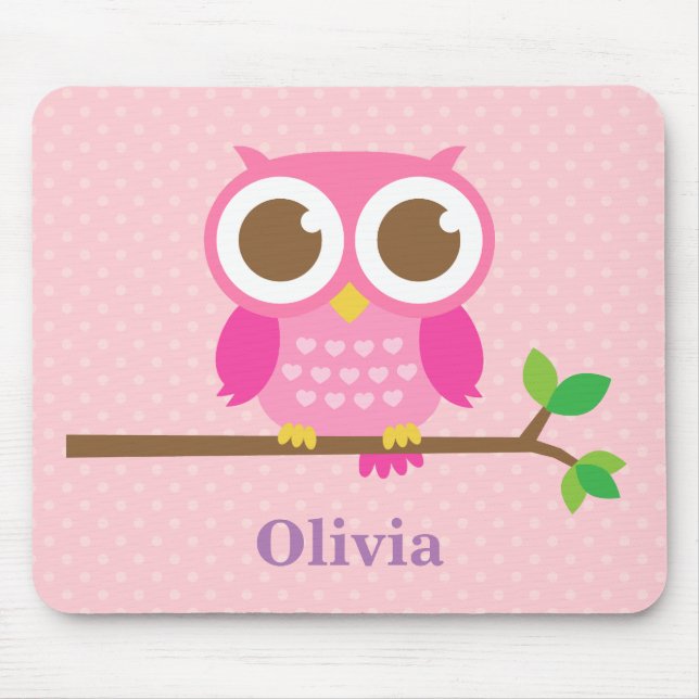 Cute Girly Pink Owl on Branch For Girls Mouse Mat (Front)