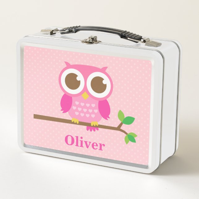 Cute Girly Pink Owl on Branch Girls Personalised Metal Lunch Box (Front)
