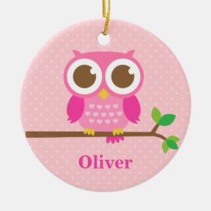 Cute Girly Pink Owl on Branch Girls Room Decor Ceramic Tree Decoration