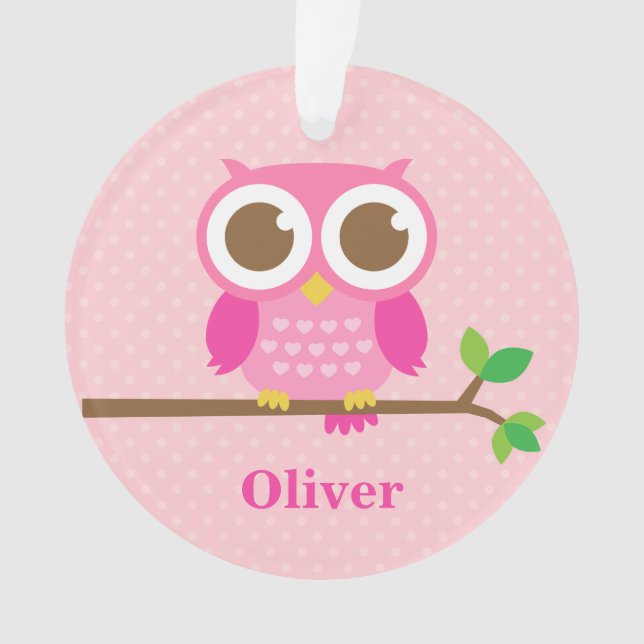 Cute Girly Pink Owl on Branch Girls Room Decor Ornament (Front)