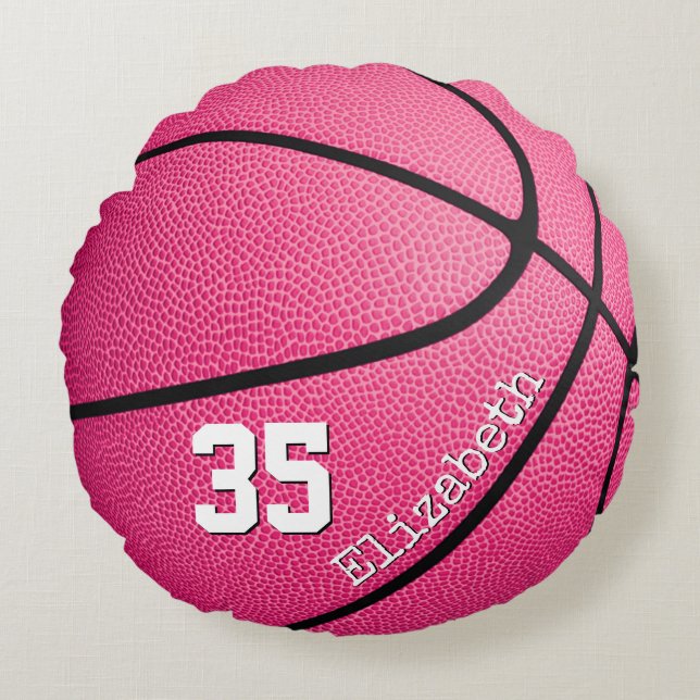 cute girly pink personalised basketball round cushion (Front)