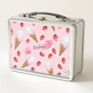 Cute Girly Pink Personalised Strawberry Ice Cream Metal Lunch Box