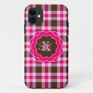 Cute Girly Pink Plaid Monogram Scalloped Frame iPhone 11 Case