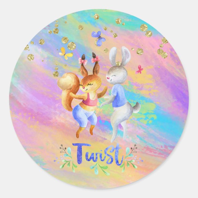 Cute Girly Pink Purple Blue Forest Animals Party Classic Round Sticker (Front)