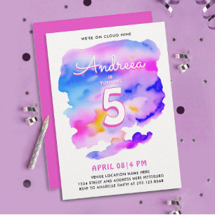 Cute Girly Pink Purple Cloud Nine Bday Watercolor Invitation