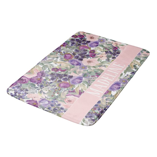 Cute Girly Pink Purple Flowers Your Name Bath Mat (Angled)