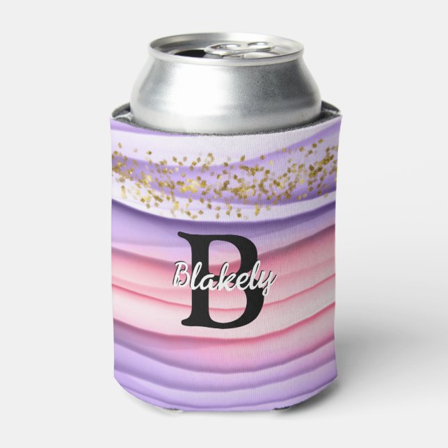 Cute Girly Pink & Purple Monogram Glitter Sparkle Can Cooler (Can Front)