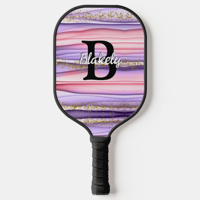 Cute Girly Pink & Purple Monogram Glitter Sparkle Pickleball Paddle (Front)