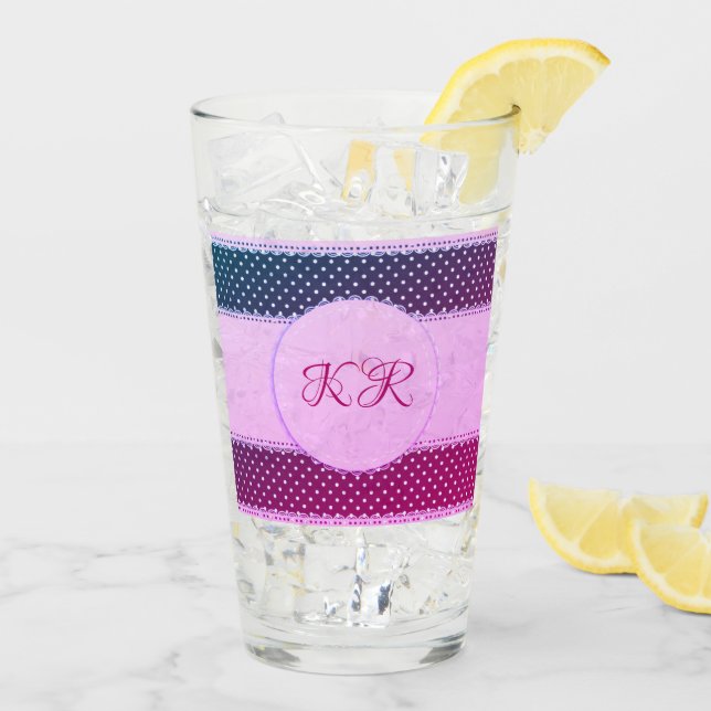 Cute Girly Pink Purple Polka Dot Banner Drinking Glass (Back Ice)