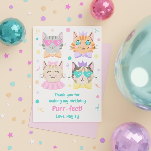 Cute Girly Pink Purr-fect Kitty Cat Birthday Party Thank You Card (Cute Girly Pink Purr-fect Kitty Cat Birthday Party Thank You Card)
