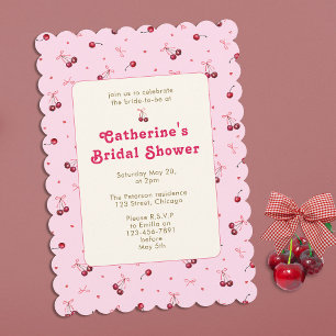 Cute Girly Pink Red Cherries Hearts Bows  Invitation