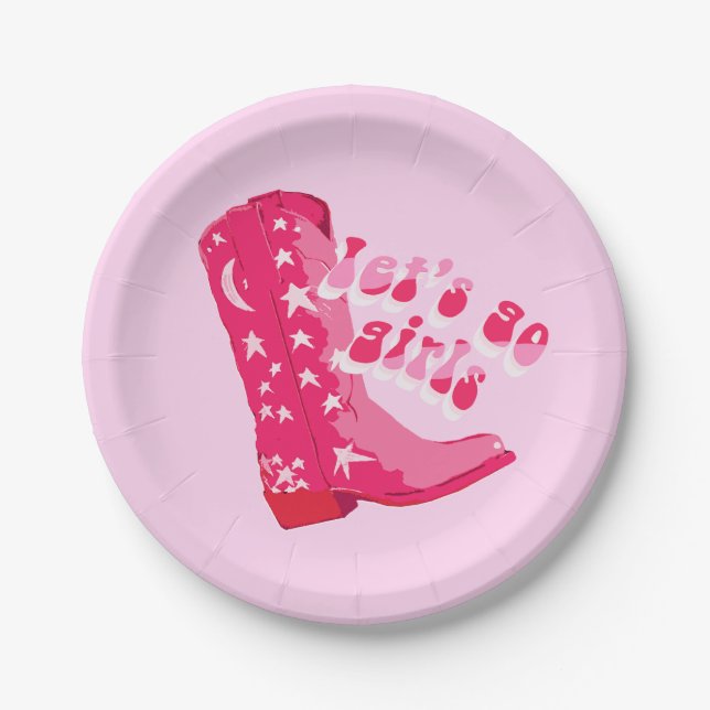 Cute Girly Pink Red Disco Cowgirl Boot Paper Plate (Front)