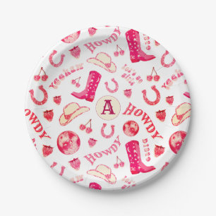 Cute Girly Pink Red Disco Cowgirl with Monogram Paper Plate