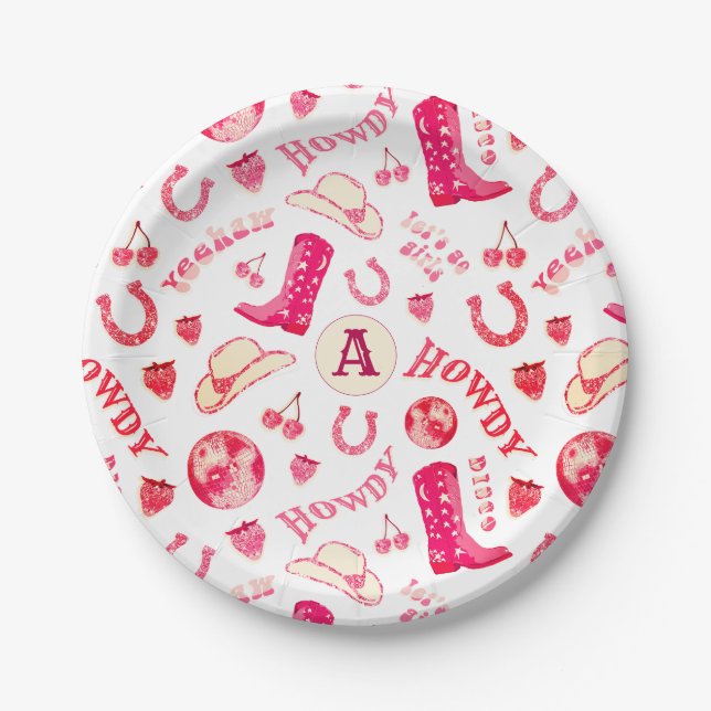 Cute Girly Pink Red Disco Cowgirl with Monogram Paper Plate (Front)