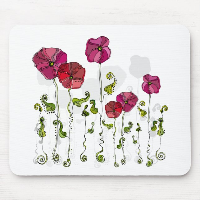 Cute Girly Pink & Red Retro Floral Mouse Mat (Front)
