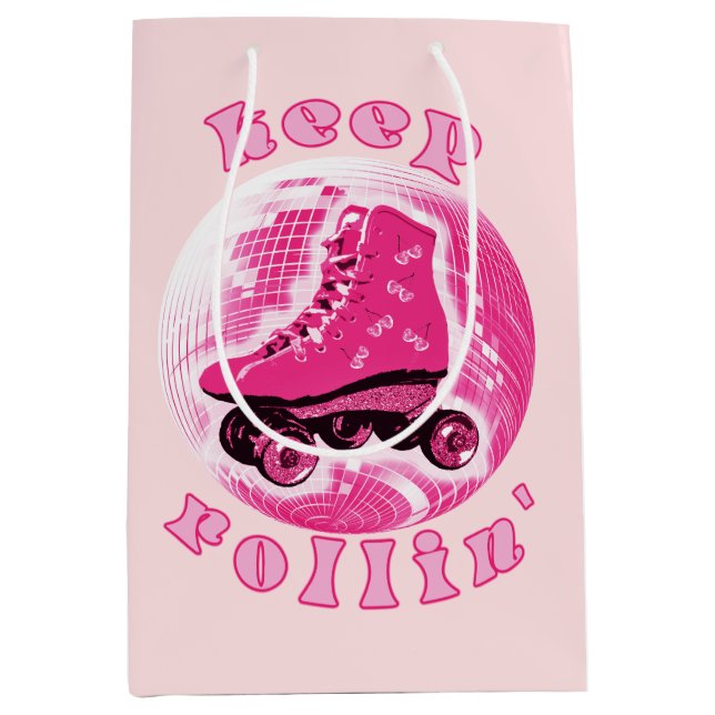 Cute Girly Pink Roller Skate Keep Rollin Medium Gift Bag (Front)