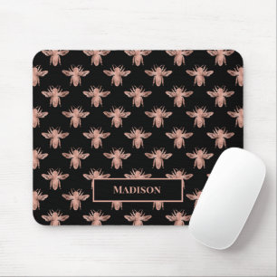 Cute Girly Pink Rose Gold Bees Black Monogram Mouse Mat