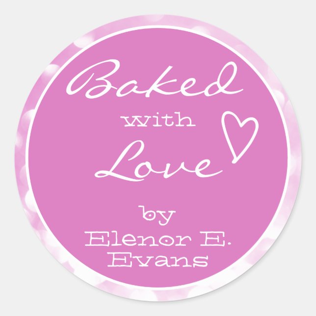 Cute Girly Pink Rose Orbs Frame Baked with Love Classic Round Sticker (Front)