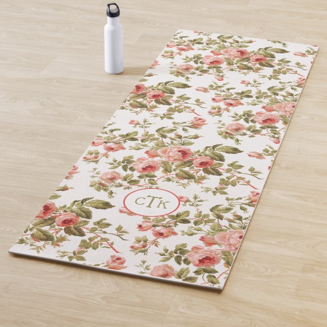 Cute Girly Pink Roses w/Monogram Yoga Mat (In Situ)