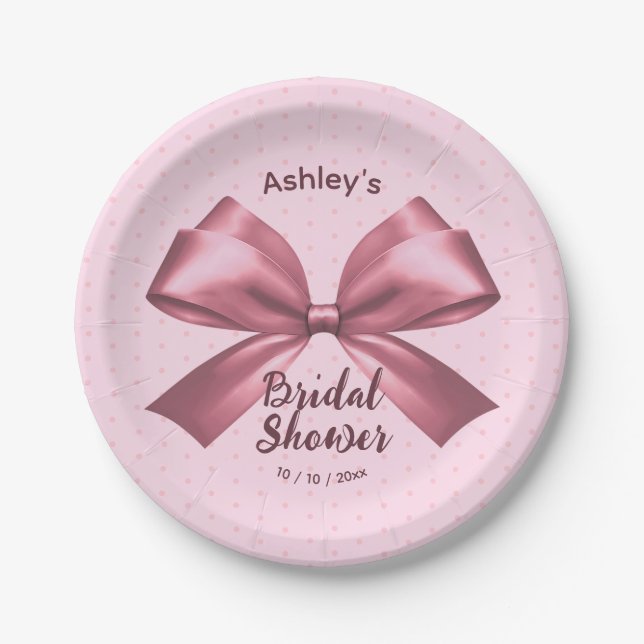 Cute Girly Pink Satin Aesthetic Bow Paper Plate (Front)