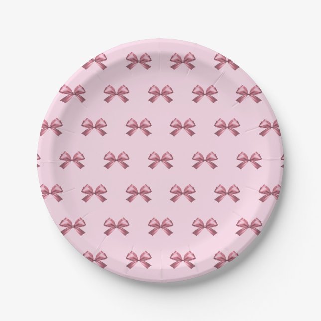 Cute Girly Pink Satin Aesthetic Bow Paper Plate (Front)