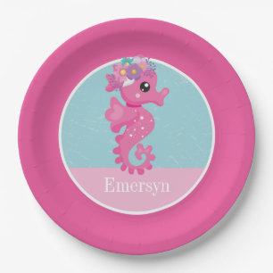 Cute Girly Pink Seahorse Kids Name Paper Plate