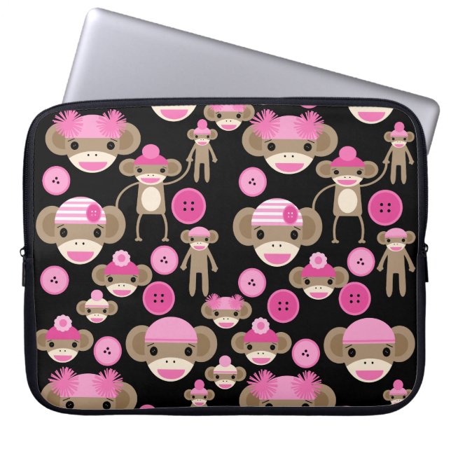 Cute Girly Pink Sock Monkeys Girls on Black Laptop Sleeve (Front)