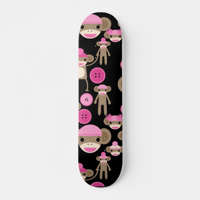Cute Girly Pink Sock Monkeys Girls on Black Skateboard (Front)