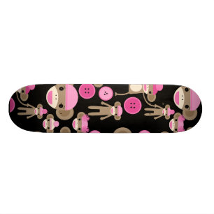Cute Girly Pink Sock Monkeys Girls on Black Skateboard