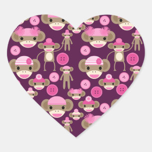Cute Girly Pink Sock Monkeys Girls on Purple Heart Sticker