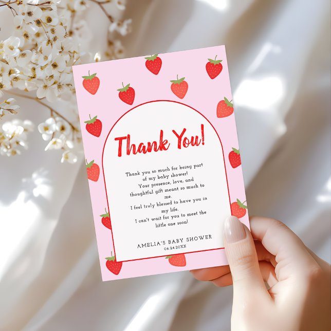 Cute Girly Pink Strawberry Baby Shower Thank You Card (Creator Uploaded)