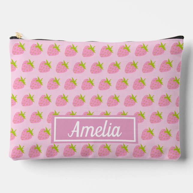 Cute Girly Pink Strawberry Pattern Personalised Accessory Pouch (Front)