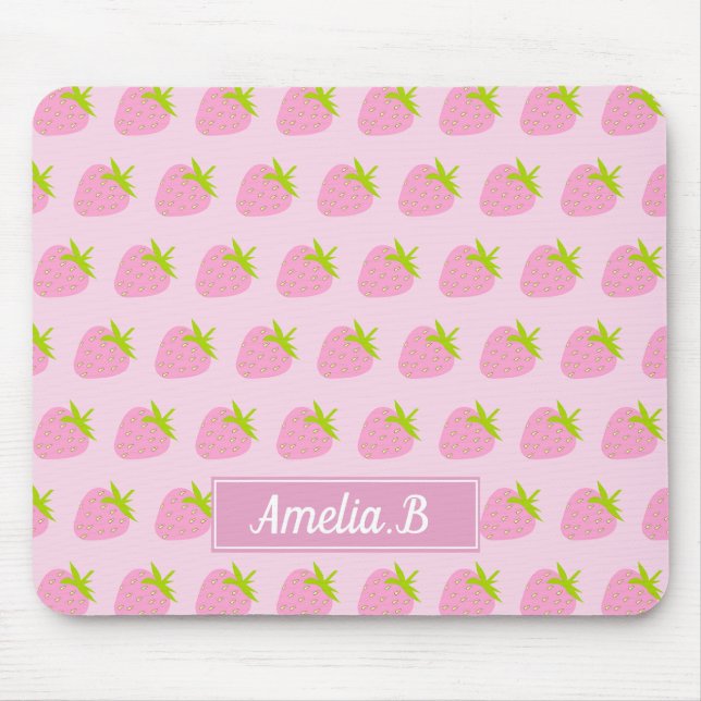 Cute Girly Pink Strawberry Pattern Personalised Mouse Mat (Front)