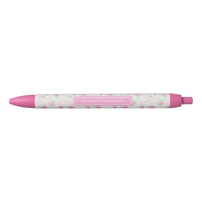 Cute Girly Pink Tea Party Personalised Name Black Ink Pen (Front)