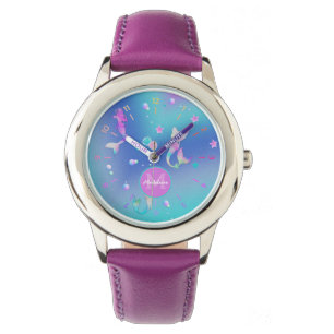 Cute Girly Pink Teal Sea Ocean Mermaids Monogram Watch