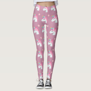 Cute Girly Pink Unicorn Flower Emoji Pattern Leggings