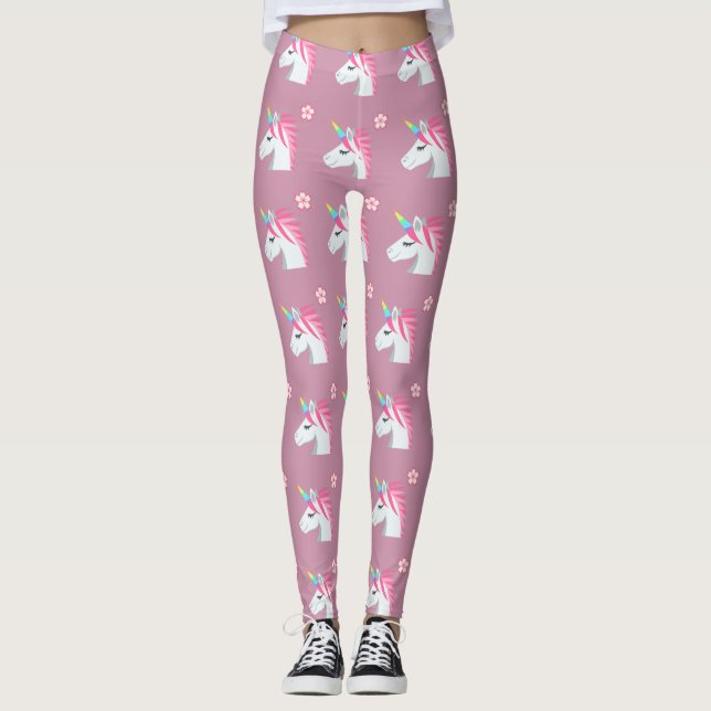 Cute Girly Pink Unicorn Flower Emoji Pattern Leggings (Front)