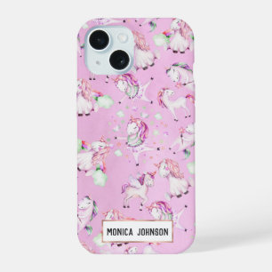 Cute Girly Pink Unicorn Rainbow Watercolor iPhone 15 Case