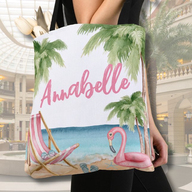 Cute Girly Pink Watercolor Tropical Beach Tote Bag (Cute Watercolor Tropical Beach Tote Bag)