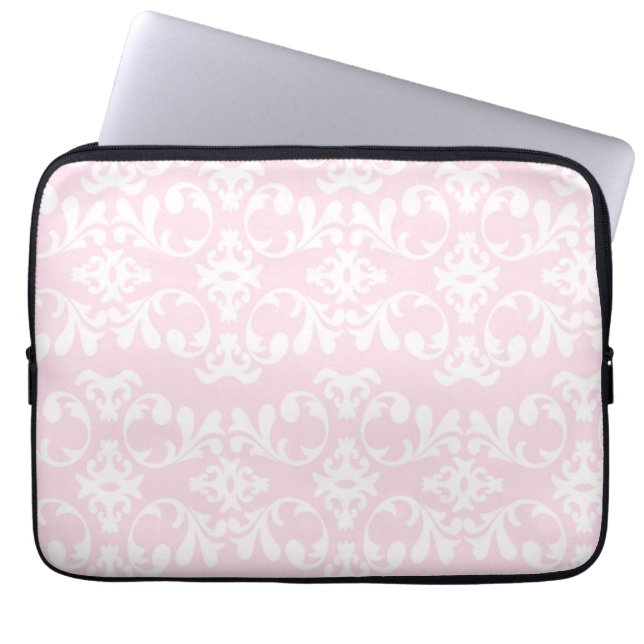 Cute Girly Pink White Damask Pattern Laptop Sleeve (Front)
