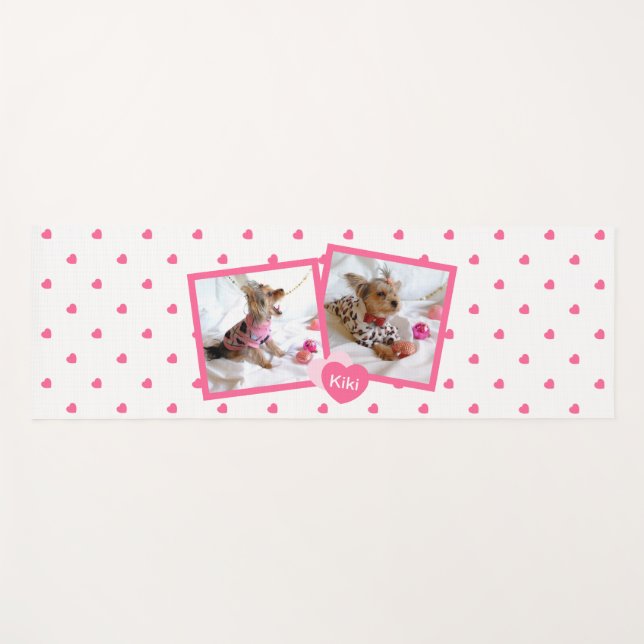 Cute Girly Pink & White Dotted Hearts With Photos Yoga Mat (Front (Horizontal))