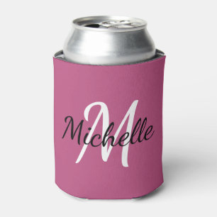 Cute Girly Pink & White Monogrammed Template Can Cooler