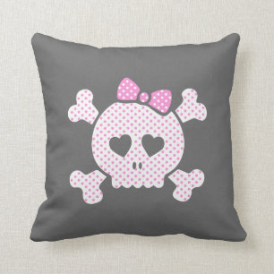 Cute Girly Polka Dot Skull Pink Black Cushion