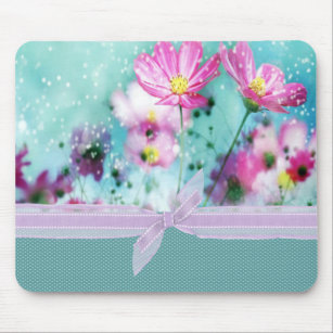 Cute Girly Polka Dots, Blooming Flowers Mouse Mat