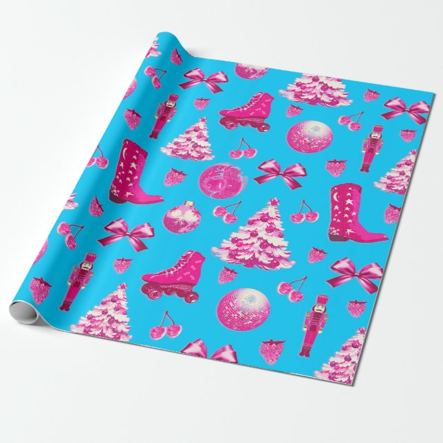 Cute Girly Preppy Pink Christmas on Blue Wrapping Paper (Unrolled)